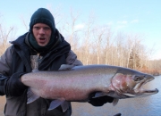Jeff learning to smile holding his massive 17lb, 34-inch steelhead