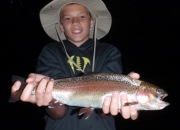 Carter with a rainbow trout football, first ever on a fly rod w/dry fly